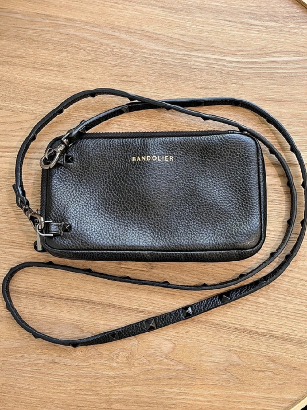 Bandolier Expanded Zip Phone Pouch Black Leather Crossbody Bag
